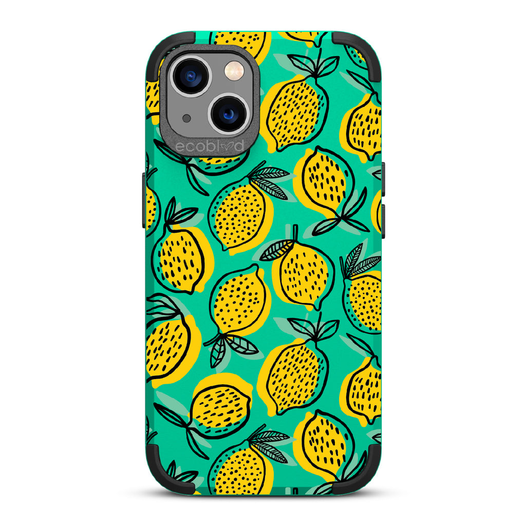 Lemon Drop - Green Rugged Eco-Friendly iPhone 13 Case With Retro Lemon Print On Back 