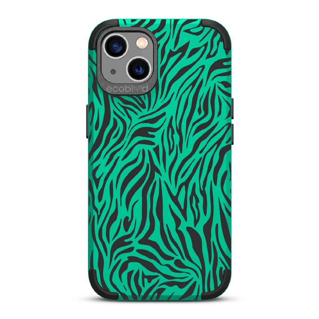 Zebra Print - Green Rugged Eco-Friendly iPhone 13 Case With Zebra Print On Back