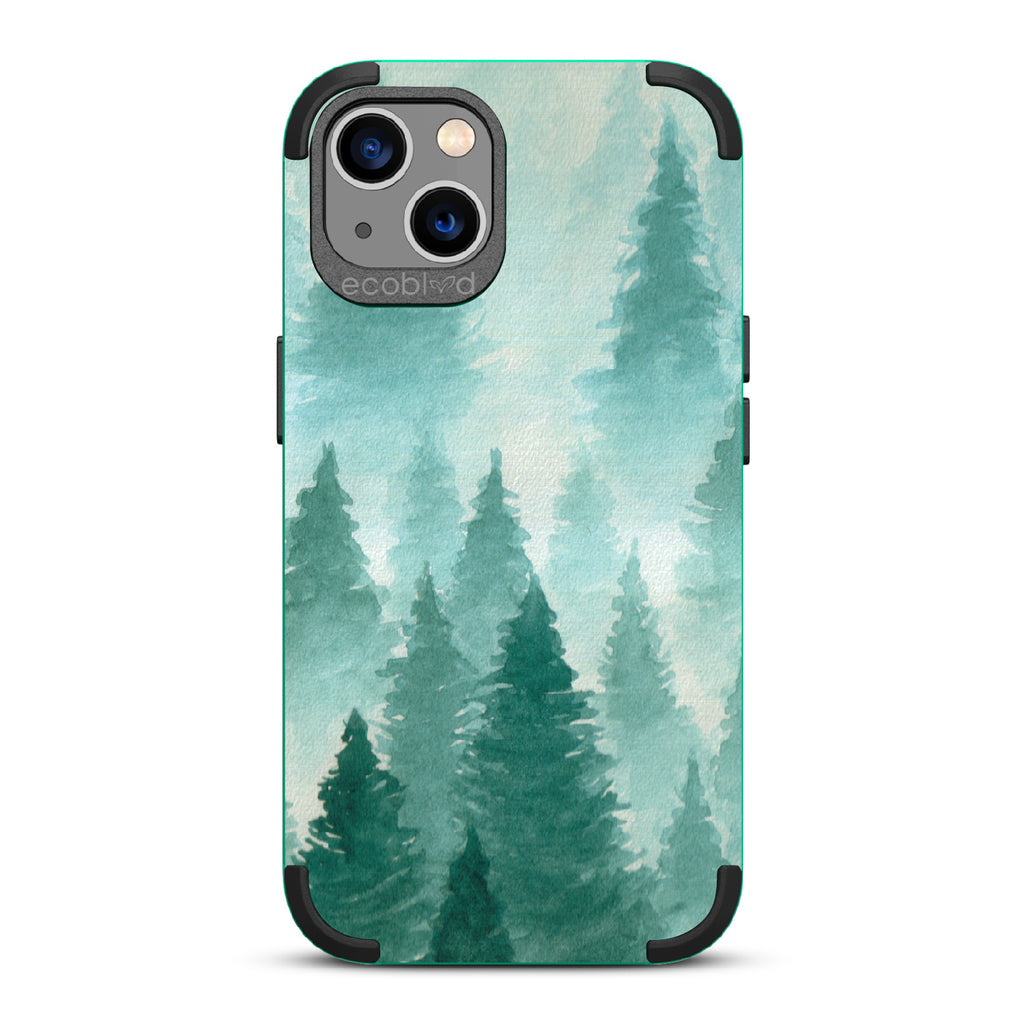 Winter Pine - Green Rugged Eco-Friendly iPhone 13 Case With A Watercolor Pine Tree Forest Print On Back