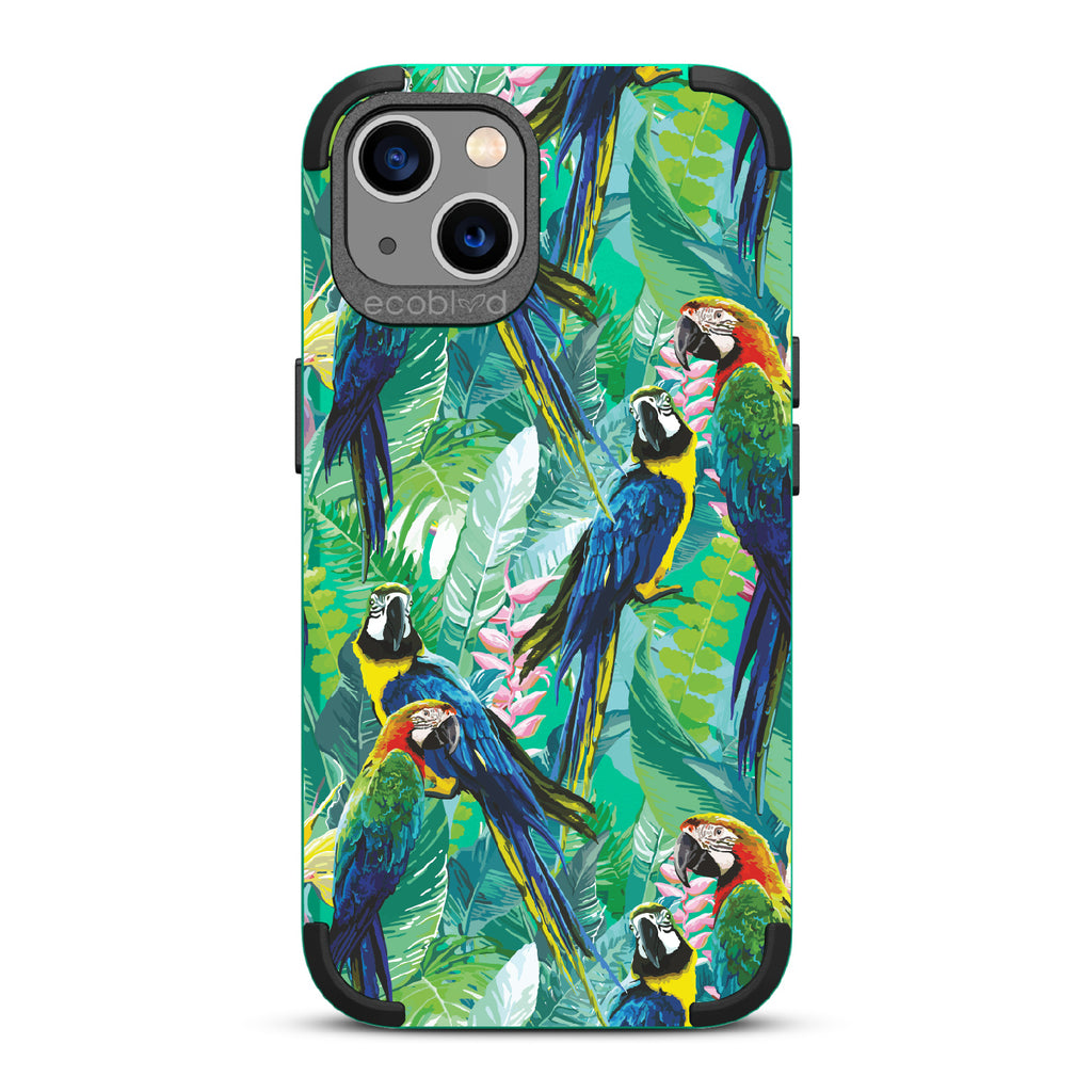Macaw Medley - Green Rugged Eco-Friendly iPhone 13 Case With Macaws & Tropical Leaves On Back