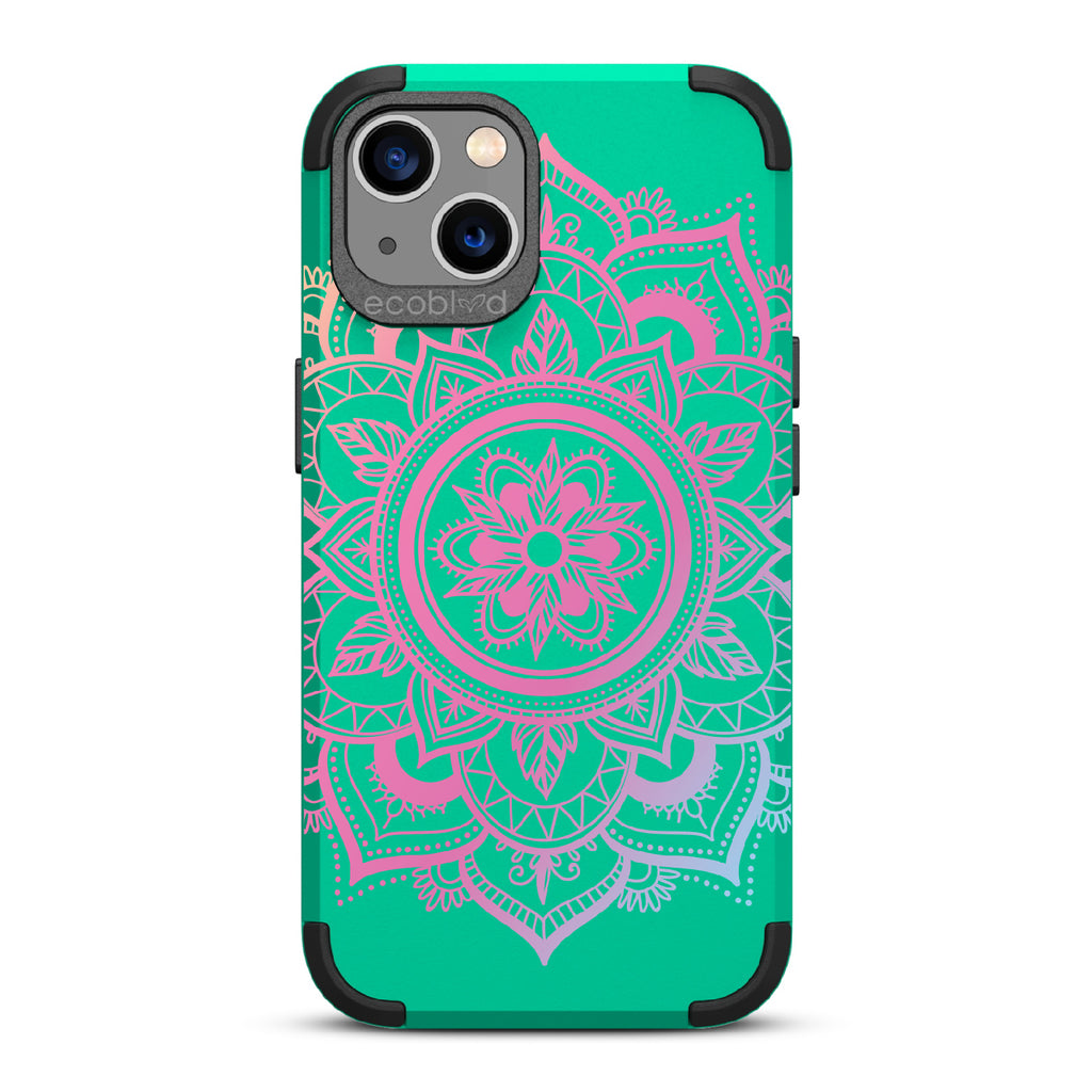 Mandala - Green Rugged Eco-Friendly iPhone 13 Case With A Pink Lotus Flower Mandala On Back
