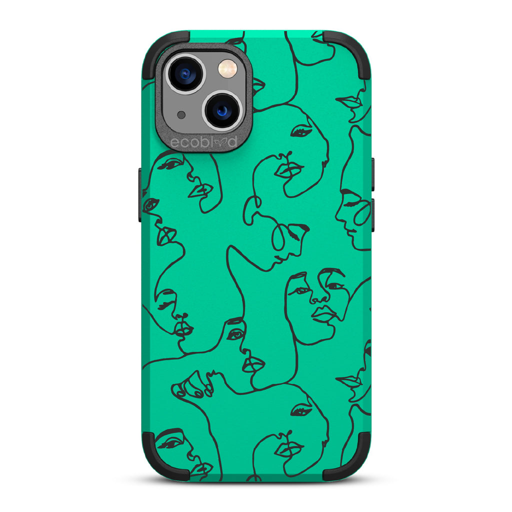 Delicate Touch - Green Rugged Eco-Friendly iPhone 13 Case With Line Art Of A Woman???? Face On Back