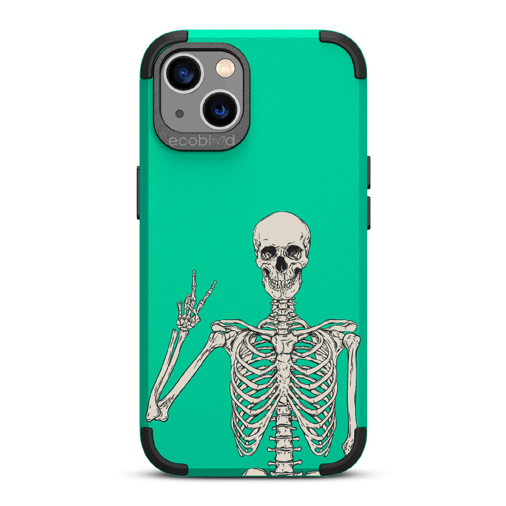 Creeping It Real - Green Rugged Eco-Friendly iPhone 13 Case With Skeleton Giving A Peace Sign On Back