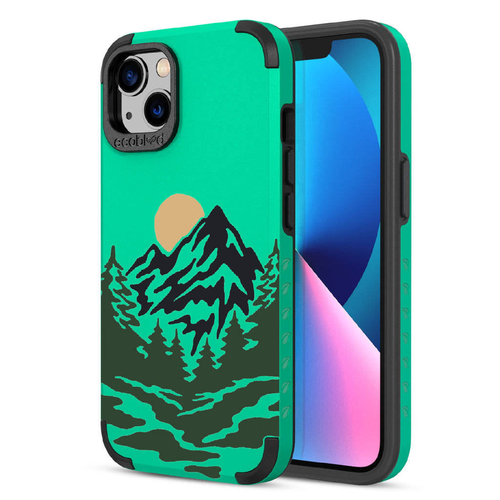 Mountains - Back View Of Green & Eco-Friendly Rugged iPhone 13 Case & A Front View Of The Screen