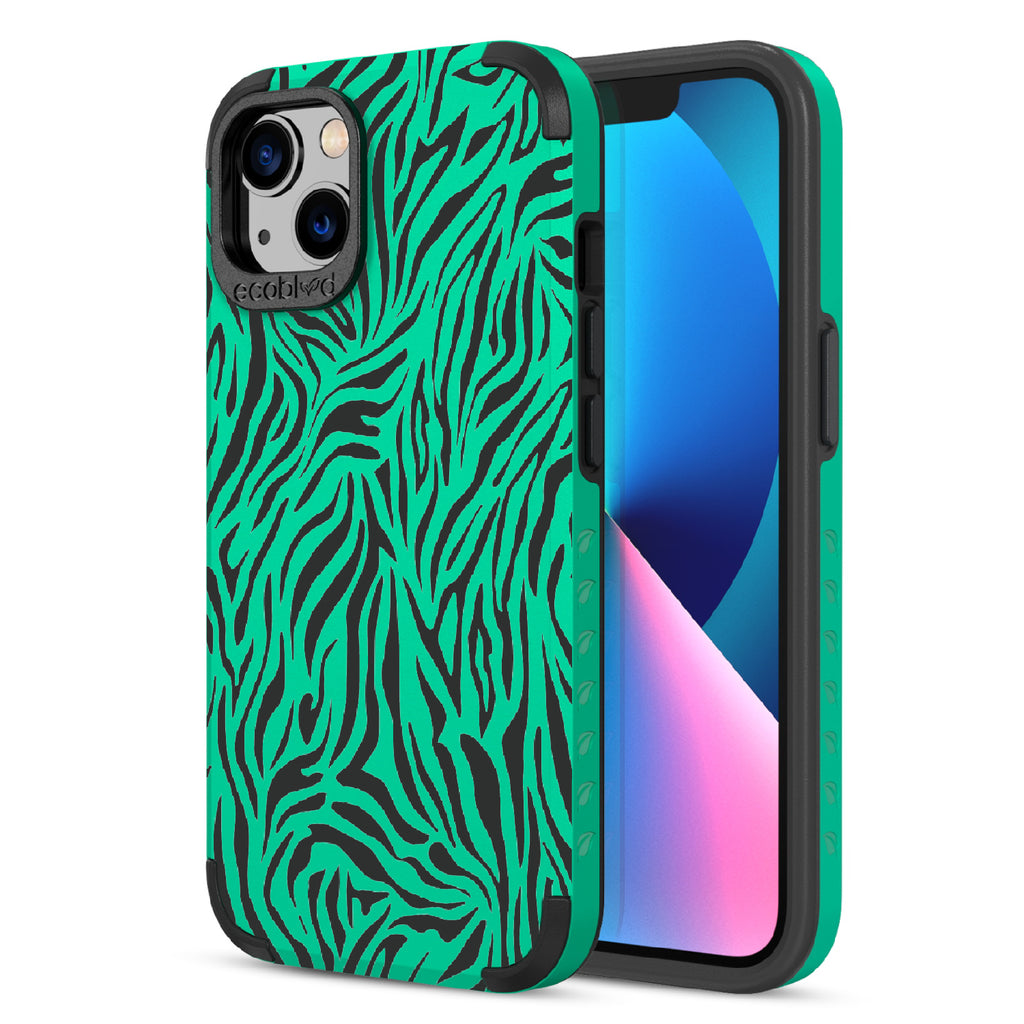 Zebra Print - Back View Of Green & Eco-Friendly Rugged iPhone 13 Case & A Front View Of The Screen