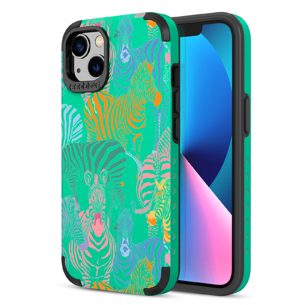 Colorful Herd - Back Of Green & Eco-Friendly Rugged iPhone 13 Case & A Front View Of The Screen