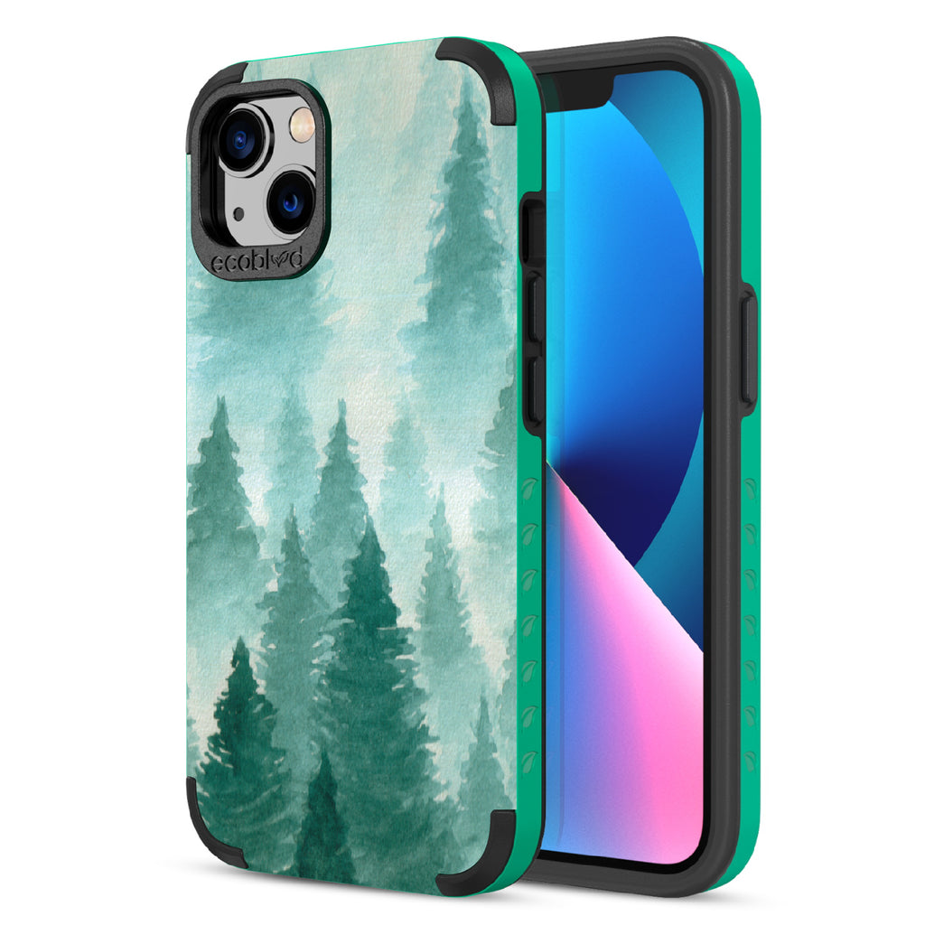 Winter Pine - Back Of Green & Eco-Friendly Rugged iPhone 13 Case & A Front View Of The Screen