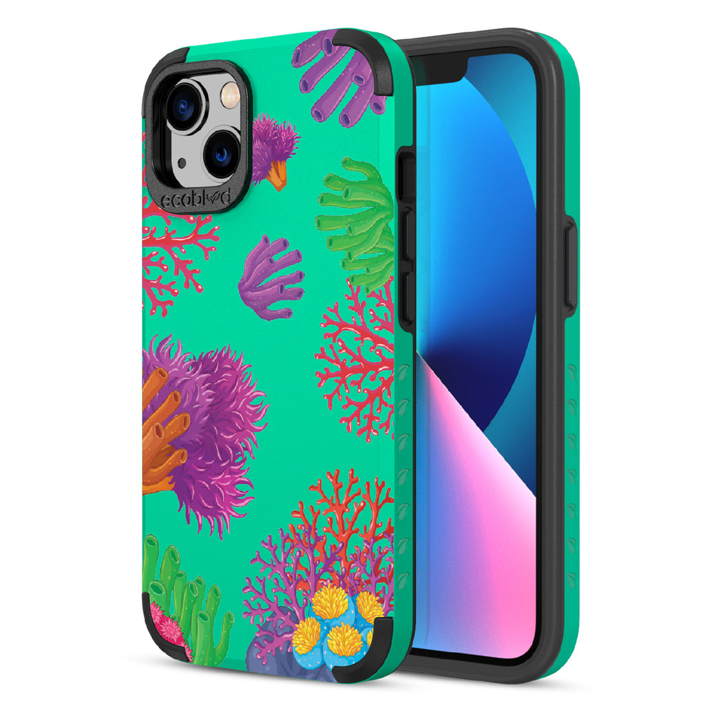 Coral Reef - Back View Of Green & Eco-Friendly Rugged iPhone 13 Case & A Front View Of The Screen