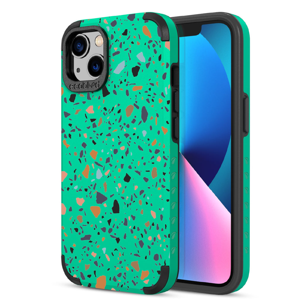 Terrazzo - Back Of Green & Eco-Friendly Rugged iPhone 13 Case & A Front View Of The Screen