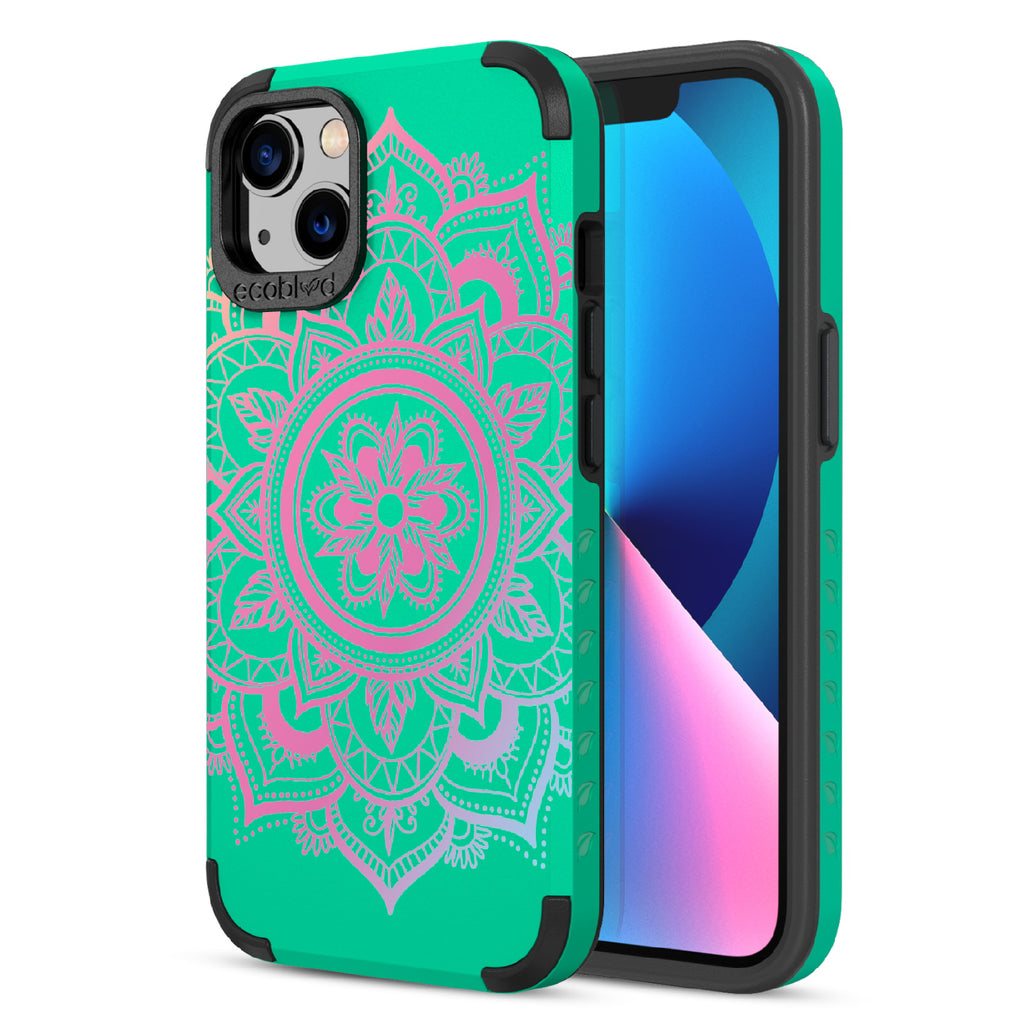 Mandala - Back View Of Green & Eco-Friendly Rugged iPhone 13 Case & A Front View Of The Screen