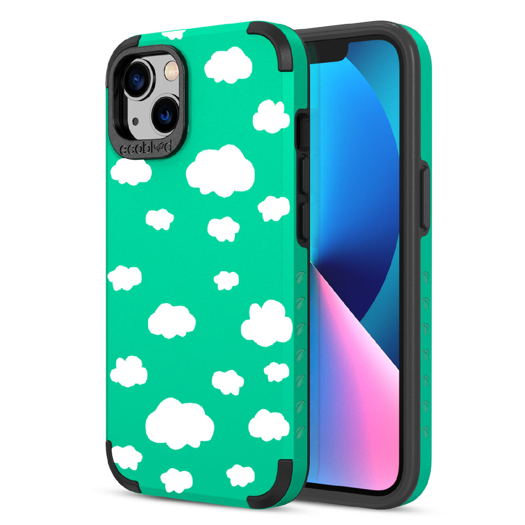 Clouds - Back View Of Green & Eco-Friendly Rugged iPhone 13 Case & A Front View Of The Screen
