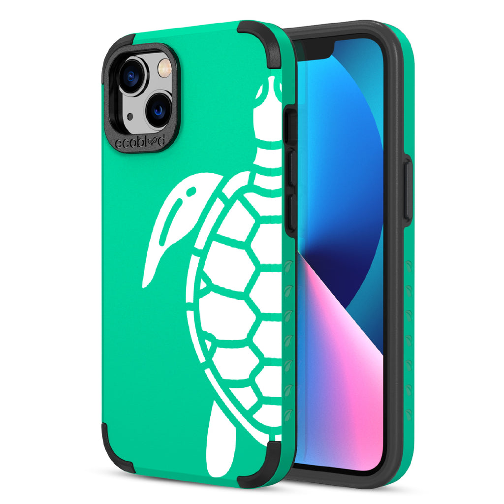 Sea Turtle - Back View Of Green & Eco-Friendly Rugged iPhone 13 Case & A Front View Of The Screen