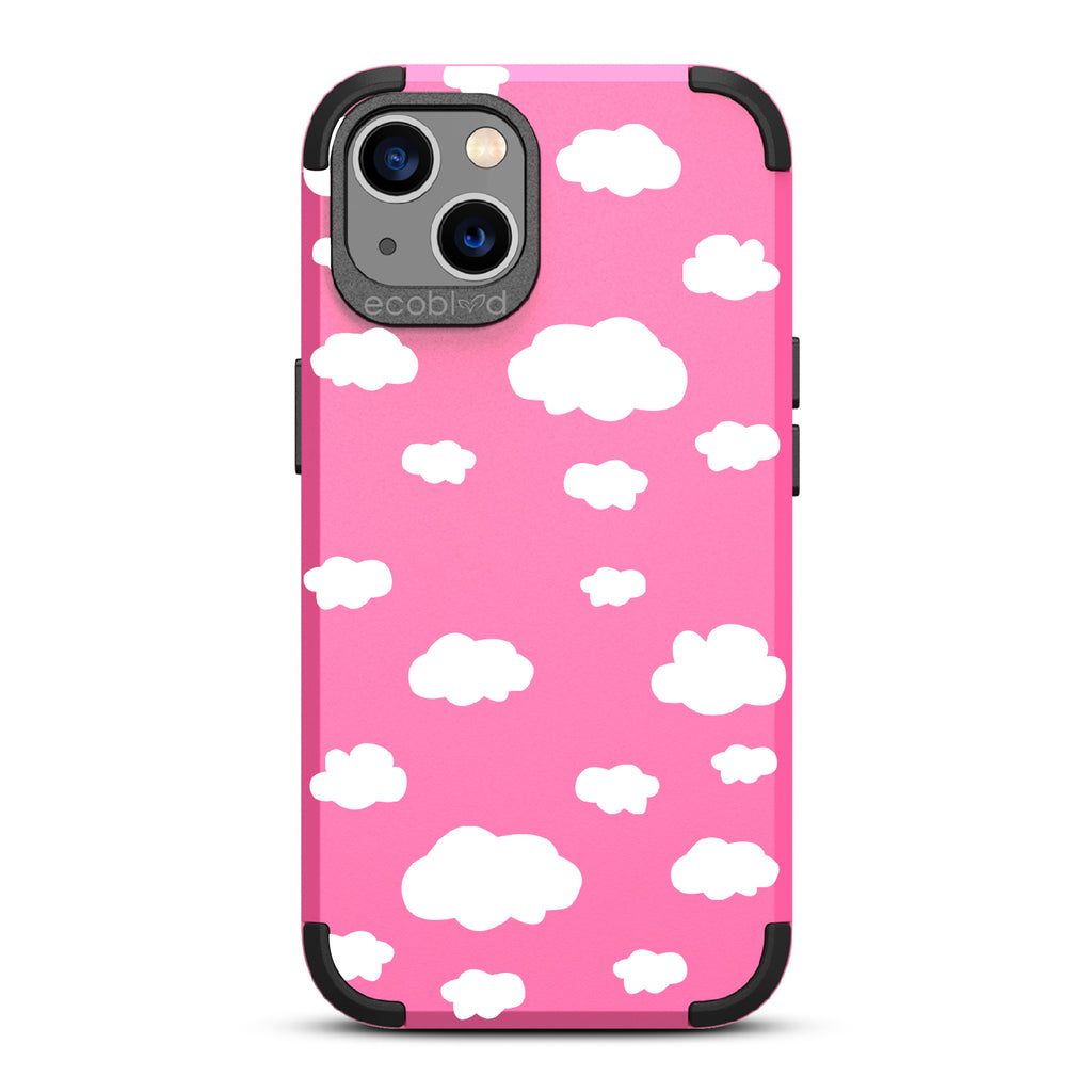 Clouds - Pink Rugged Eco-Friendly iPhone 13 Case With A Fluffy White Cartoon Clouds Print On Back