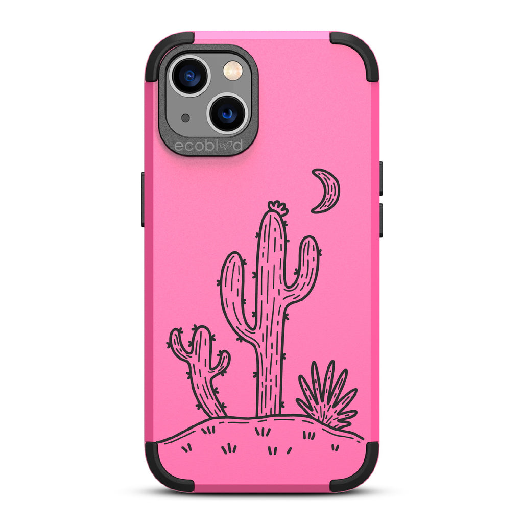 Sagebrush  - Pink Rugged Eco-Friendly iPhone 13 Case With Cartoon Cacti Under A Crescent Moon On Back
