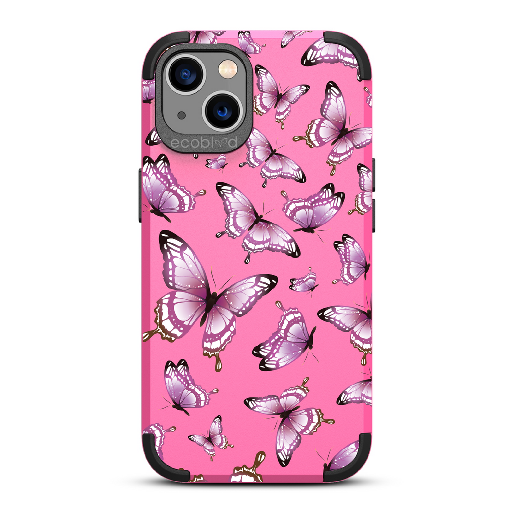 Social Butterfly - Pink Rugged Eco-Friendly iPhone 13 Case With Colorful Butterflies On Back