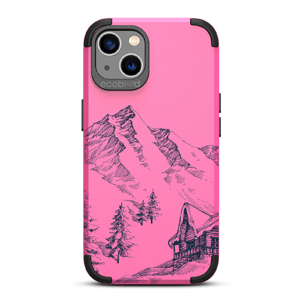 Cabin Retreat - Pink Rugged Eco-Friendly iPhone 13 Case With Hand-Drawn Snowy Mountainside Wood Cabin