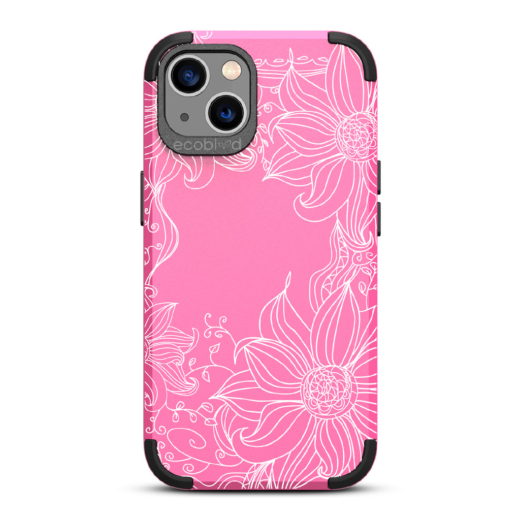 Flower Stencil - Pink Rugged Eco-Friendly iPhone 13 Case With A Sunflower Stencil Line Art Design  On Back