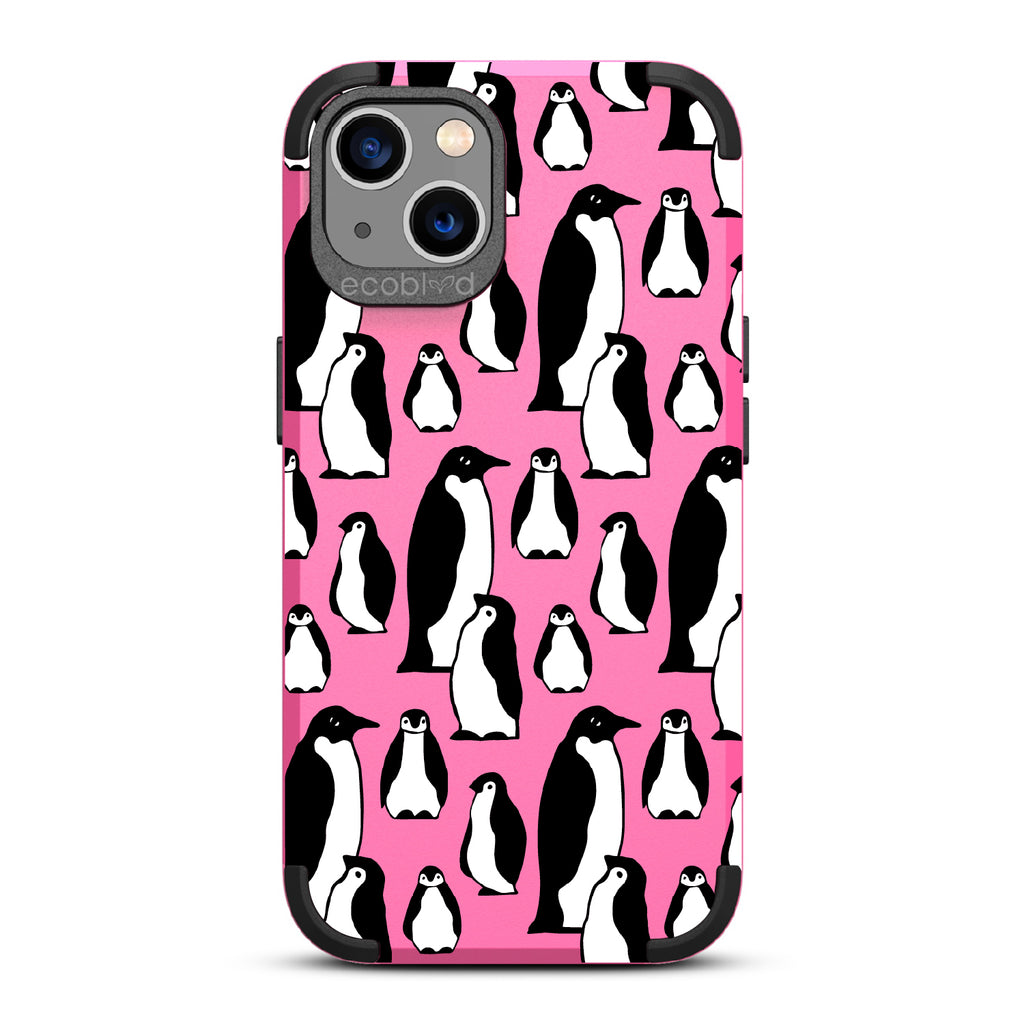 Penguins - Pink Rugged Eco-Friendly iPhone 13 Case With A Waddle Of Penguins