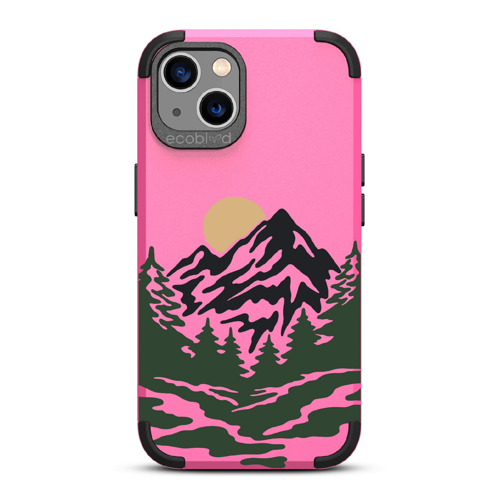 Mountains - Pink Rugged Eco-Friendly iPhone 13 Case With A Minimalist Moonlit Mountain Landscape On Back