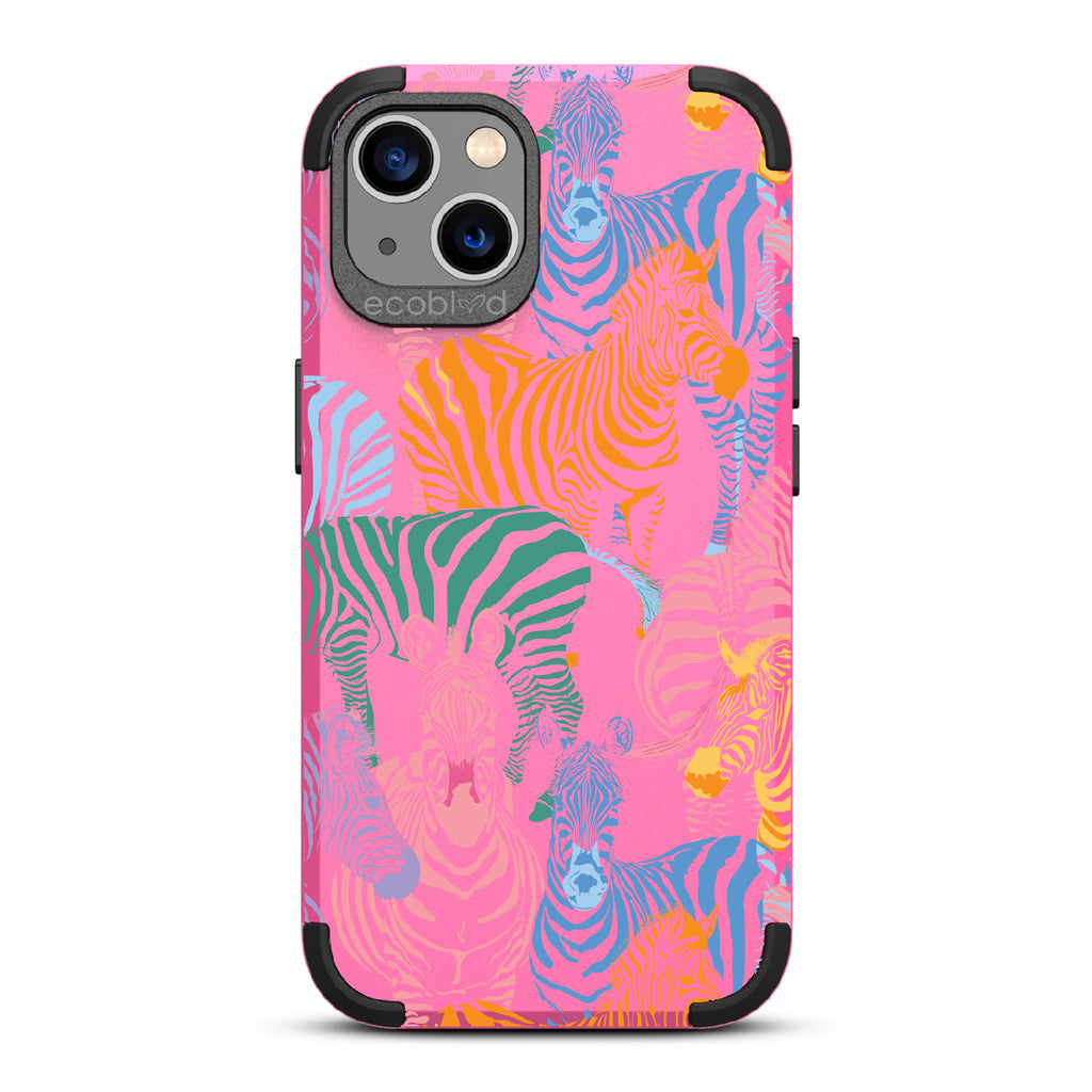 Colorful Herd - Pink Rugged Eco-Friendly iPhone 13 Case With Zebras in Multiple Colors