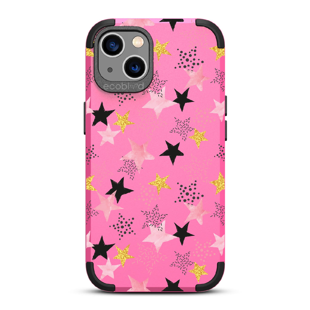 Champagne Supernova - Pink Rugged Eco-Friendly iPhone 13 Case With Pink, Black & Gold Stars In Solid & Polka Dot Patterns