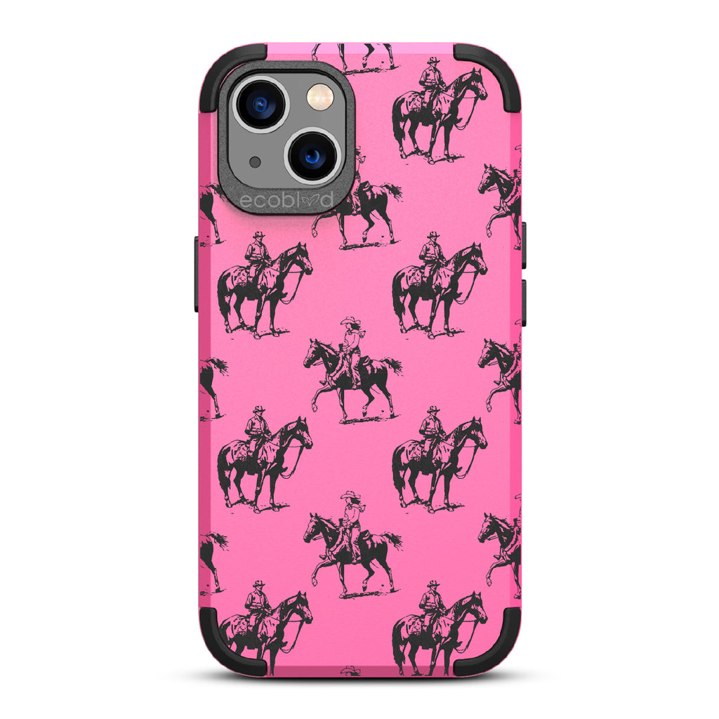 Horsin' Around  - Pink Rugged Eco-Friendly iPhone 13 Case With Cowboys On Horseback On Back