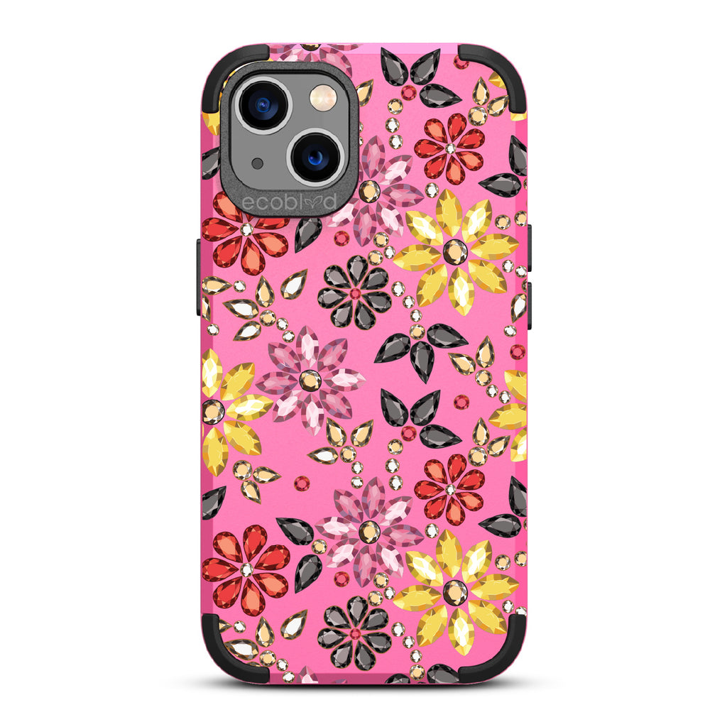 Bejeweled - Rhinestone Jewels In Floral Patterns - Pink Eco-Friendly Rugged iPhone 13 Case 