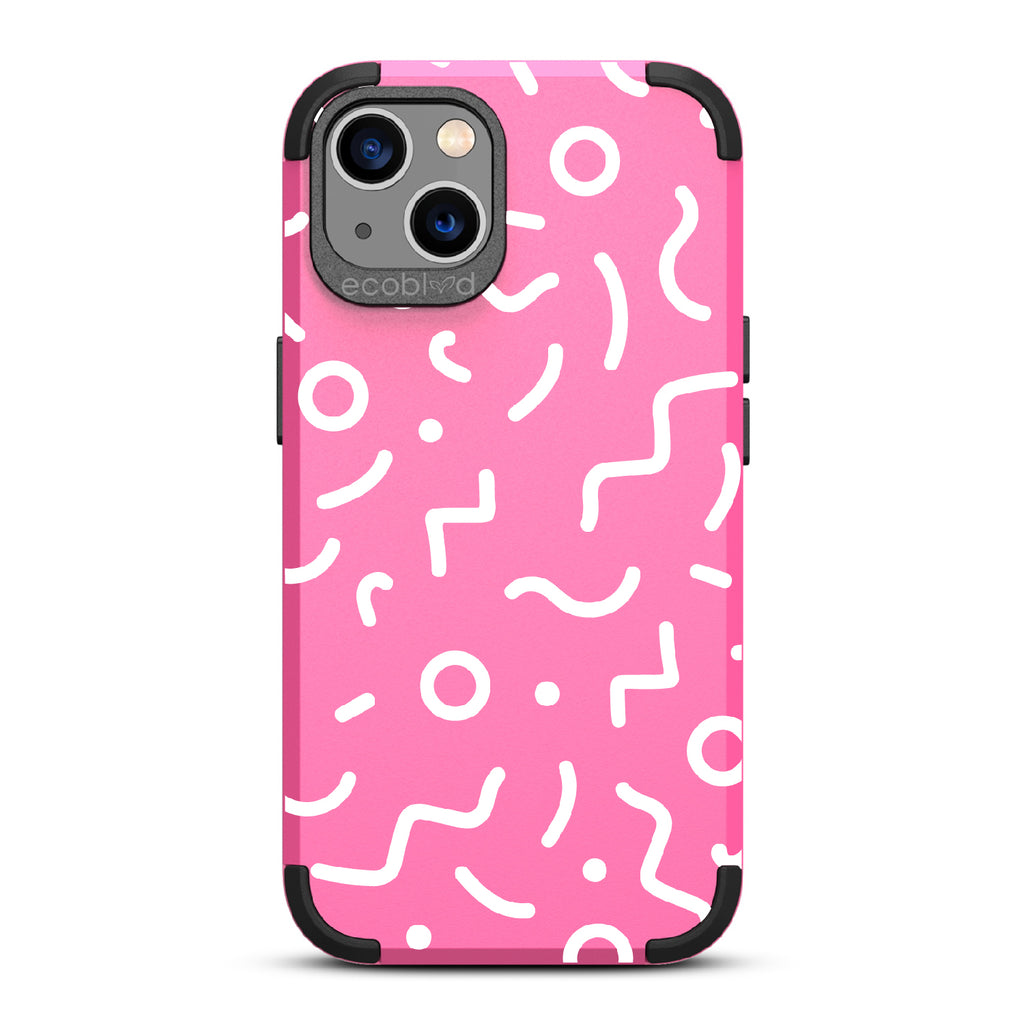 90's Kids  - Pink Rugged Eco-Friendly iPhone 13 Case With Retro 90's Lines & Squiggles On Back