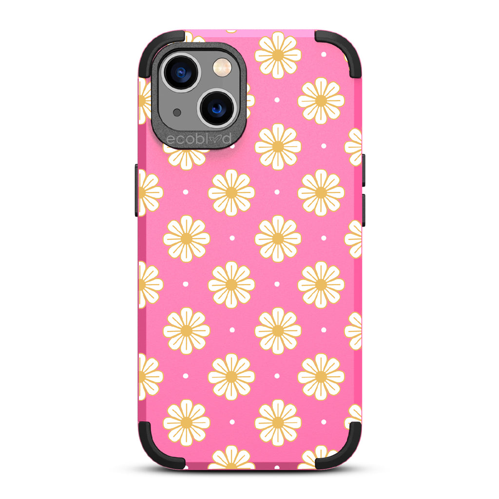 Daisy - Pink Rugged Eco-Friendly iPhone 13 Case With A White Floral Pattern Of Daisies & Dots On Back