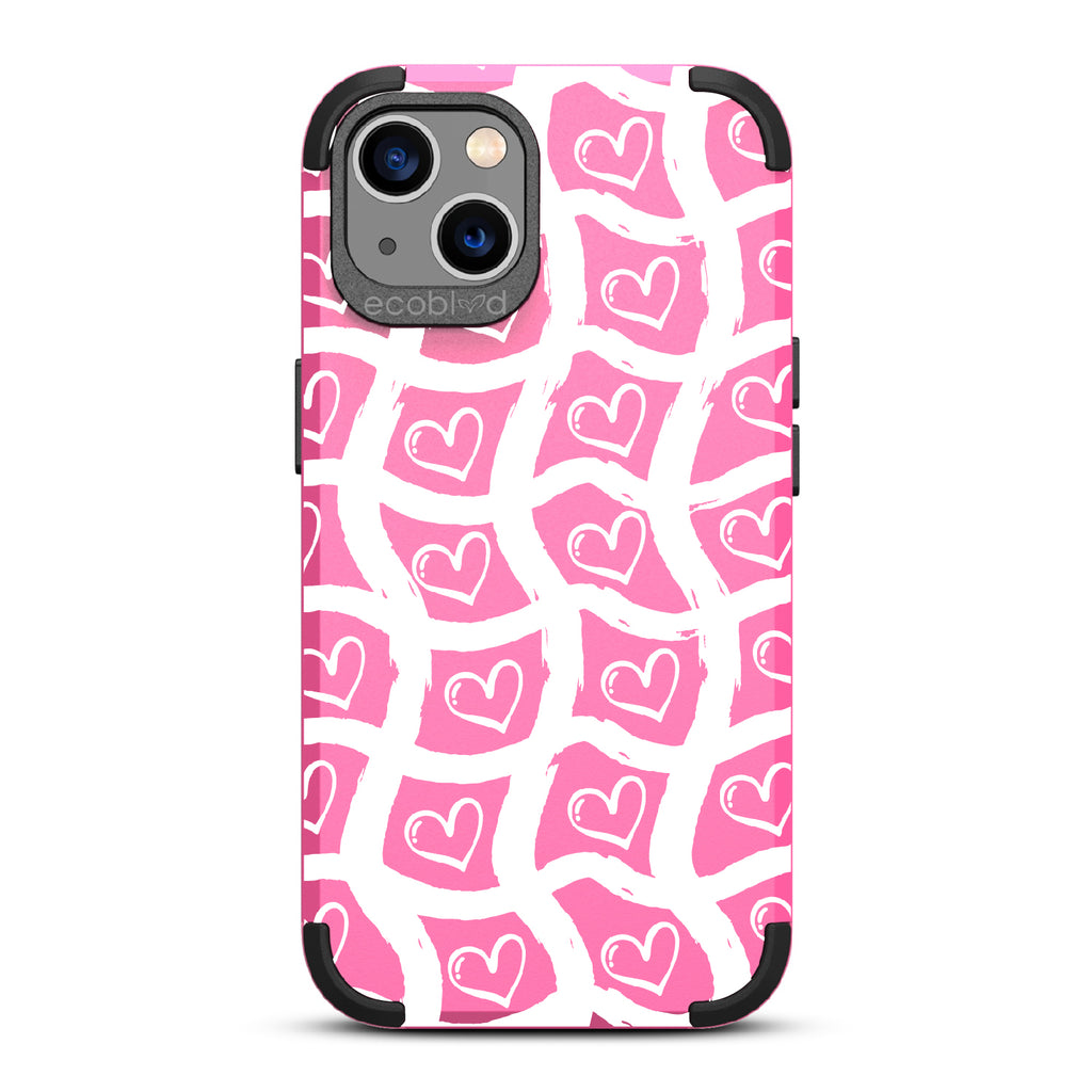 Waves Of Affection - Pink Rugged Eco-Friendly iPhone 13 Case With Wavy Paint Stroke Checker Print With Hearts On Back
