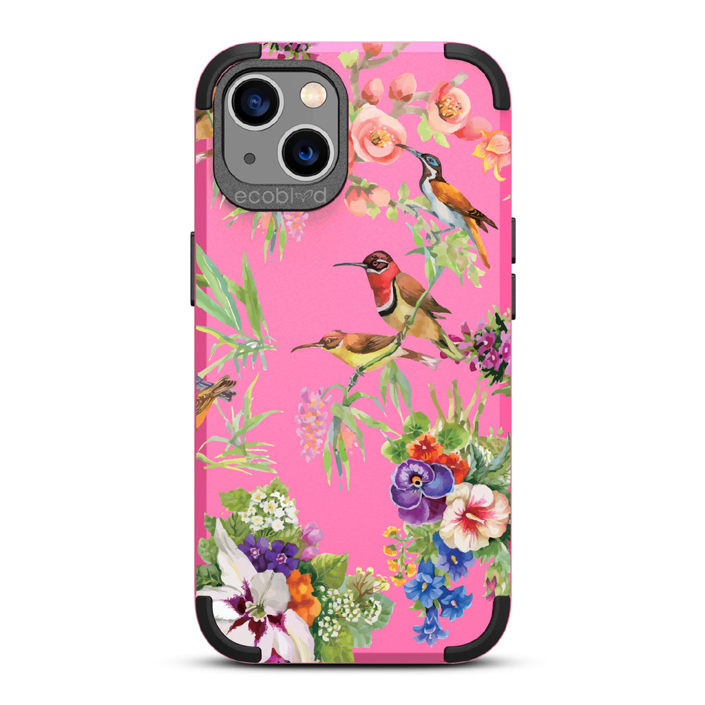 Sweet Nectar - Pink Rugged Eco-Friendly iPhone 13 With Hummingbirds, Colorful Garden Flowers