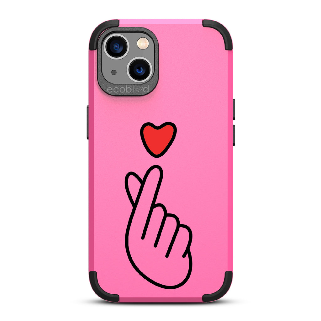 Finger Heart - Pink Rugged Eco-Friendly iPhone 13 Case With Red Heart Above Hand With Index Finger & Thumb Crossed On Back