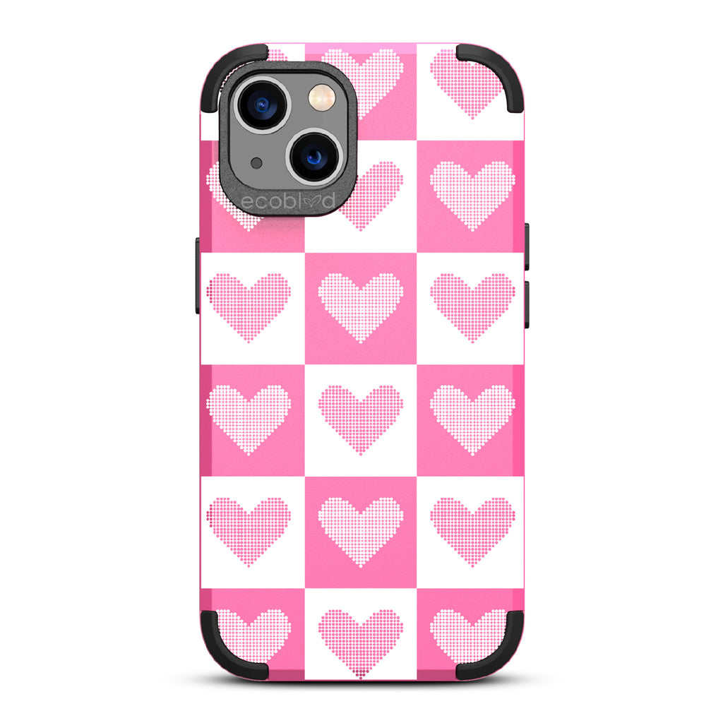 Quilty Pleasures - Pink Rugged Eco-Friendly iPhone 13 Case With White Checkered Print With Knitted Hearts On Back