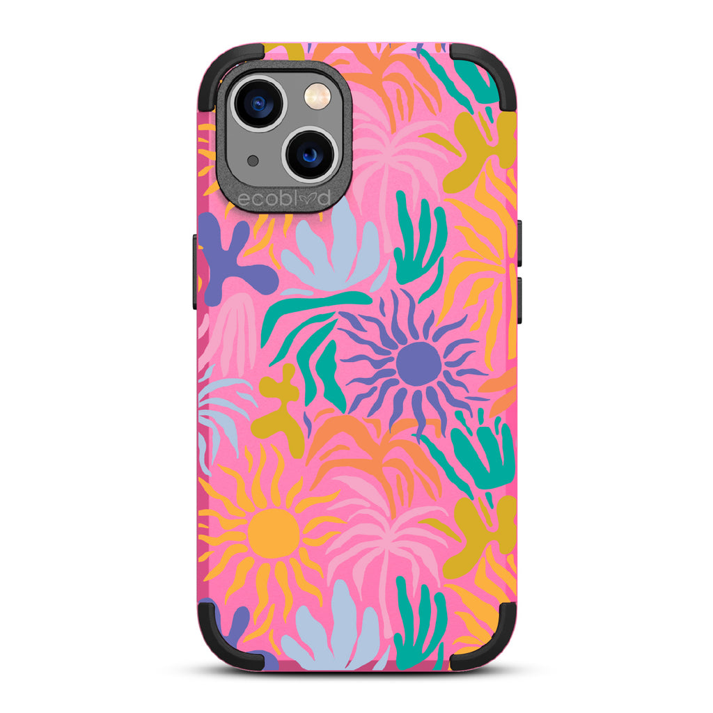 Sun-Kissed - Pink Rugged Eco-Friendly iPhone 13 Case With Sunflower Print + The Sun As The Flower On Back