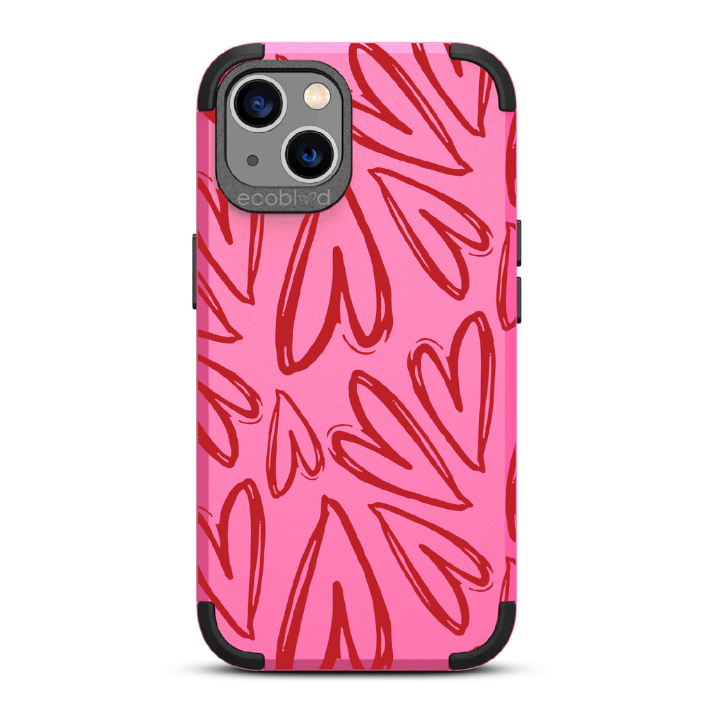 Heartfelt - Pink Rugged Eco-Friendly iPhone 13 Case With Painted / Sketched Red Hearts On Back