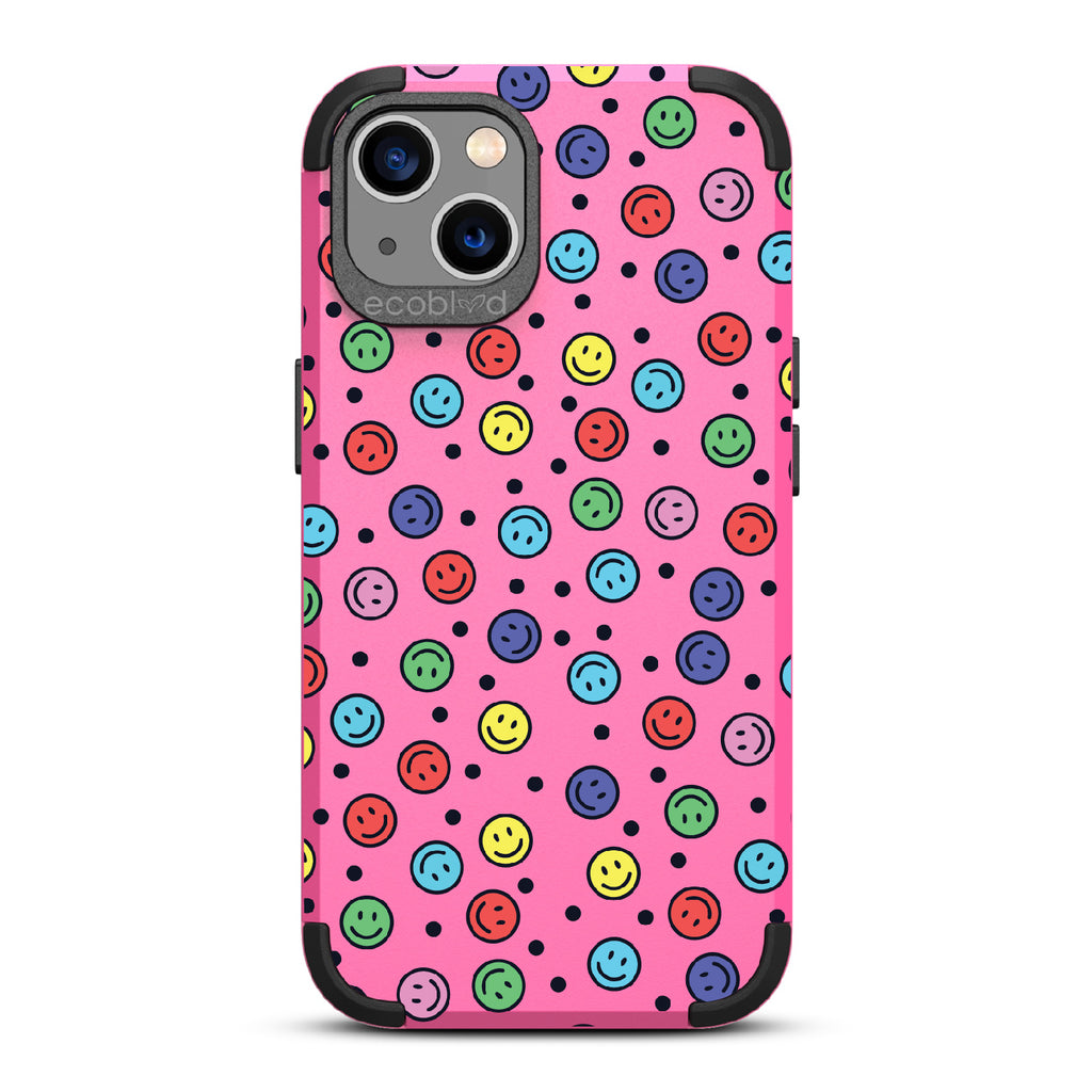 All Smiles - Pink Rugged Eco-Friendly iPhone 13 Case With Multicolored Smiley Faces & Black Dots On Back