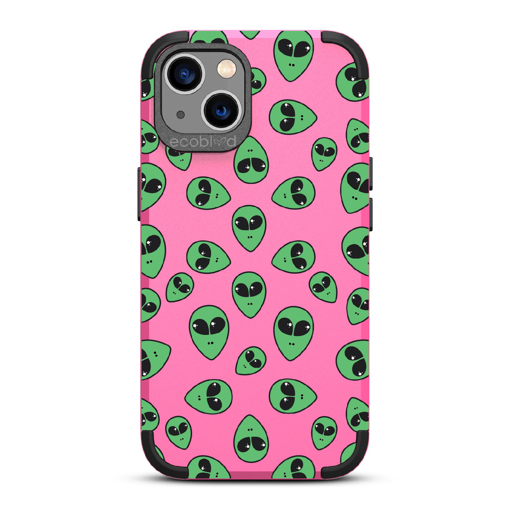 Aliens - Pink Rugged Eco-Friendly iPhone 13 Case With Green Cartoon Alien Heads On Back