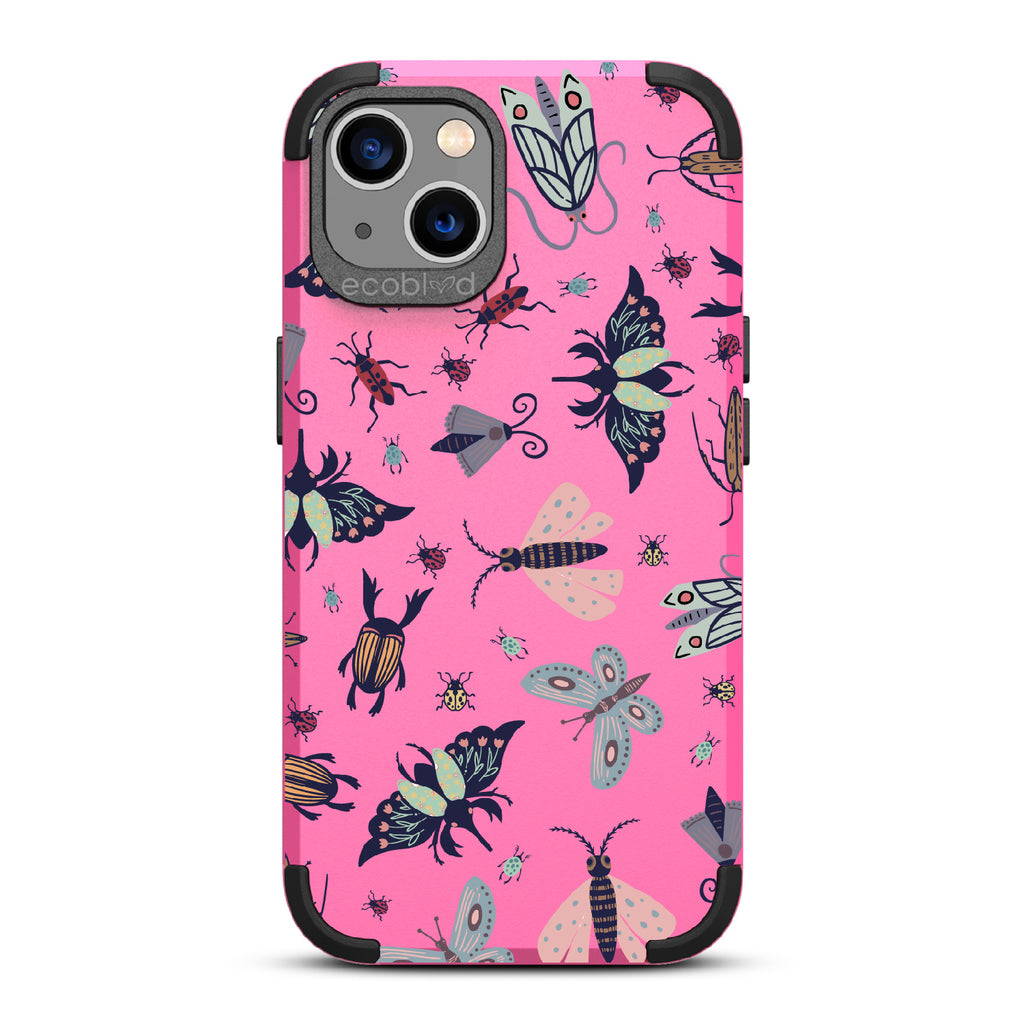 Bug Out - Pink Rugged Eco-Friendly iPhone 13 Case With Butterflies, Moths, Dragonflies, And Beetles On Back