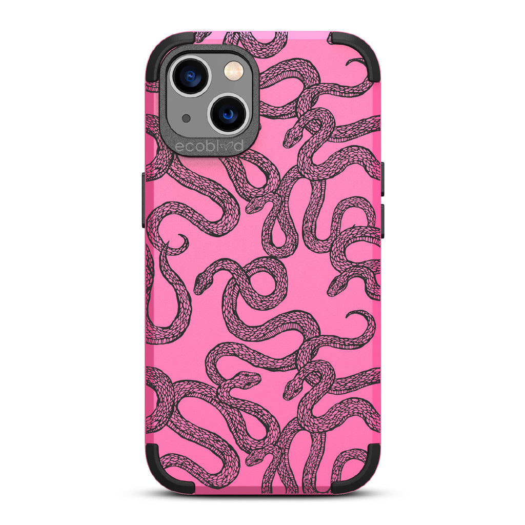 Slithering Serpent - Pink Rugged Eco-Friendly iPhone 13 Case With Diamondback Snakes On Back