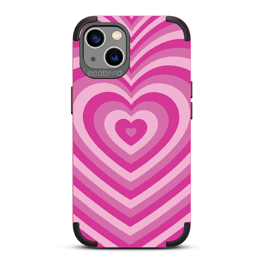 Tunnel Of Love - Pink Rugged Eco-Friendly iPhone 13 Case With A Small Heart Gradually Growing Larger On Back