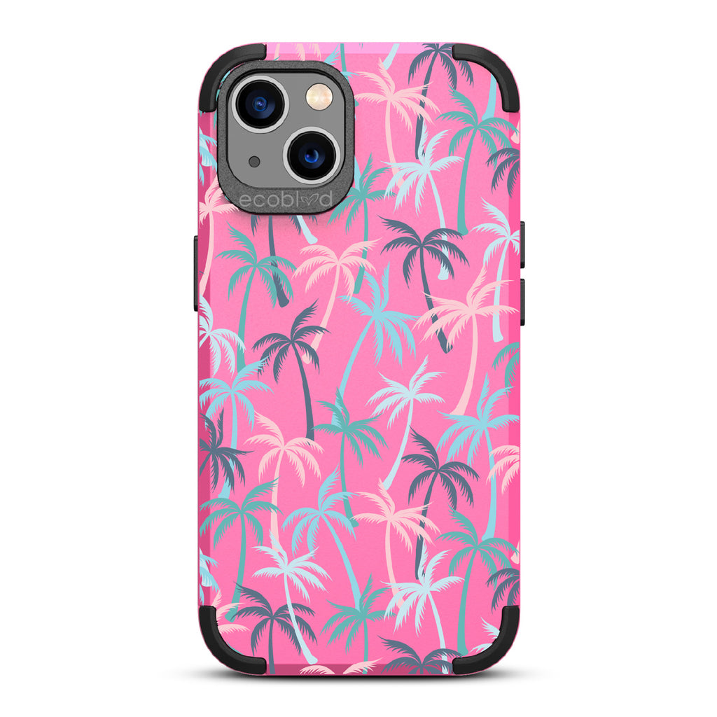 Cruel Summer - Pink Rugged Eco-Friendly iPhone 13 Case With Hotline Miami Colored Tropical Palm Trees On Back 