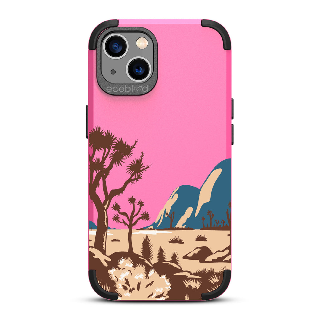 Joshua Tree - Pink Rugged Eco-Friendly iPhone 13 Case With Minimalist Joshua Tree Desert Landscape On Back