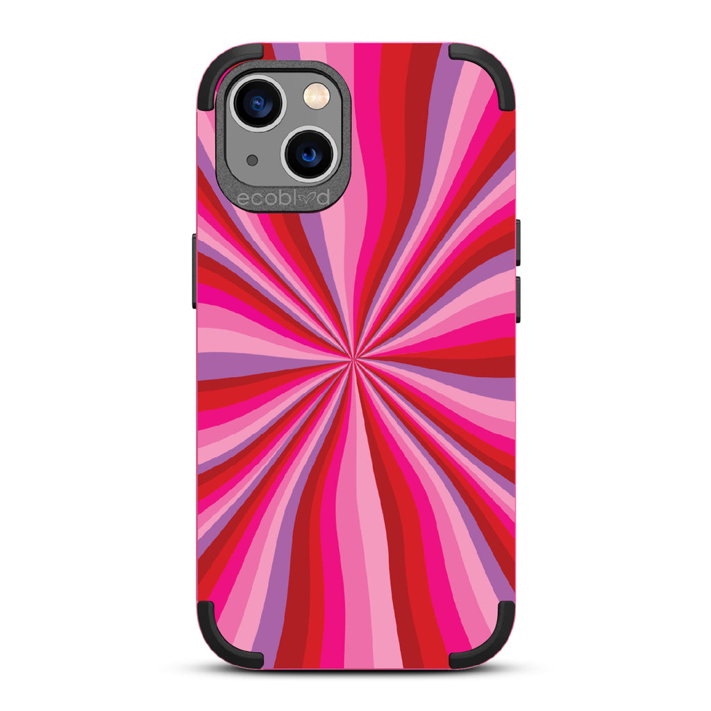 Burst Of Passion - Pink Rugged Eco-Friendly iPhone 13 Case With Radial Burst Of Pink & Purple Gradients On Back