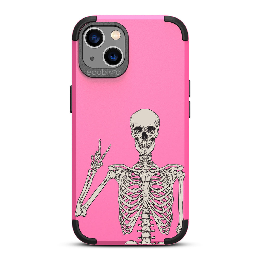 Creeping It Real - Pink Rugged Eco-Friendly iPhone 13 Case With Skeleton Giving A Peace Sign On Back