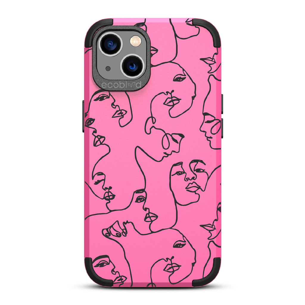 Delicate Touch - Pink Rugged Eco-Friendly iPhone 13 Case With Line Art Of A Woman???? Face On Back