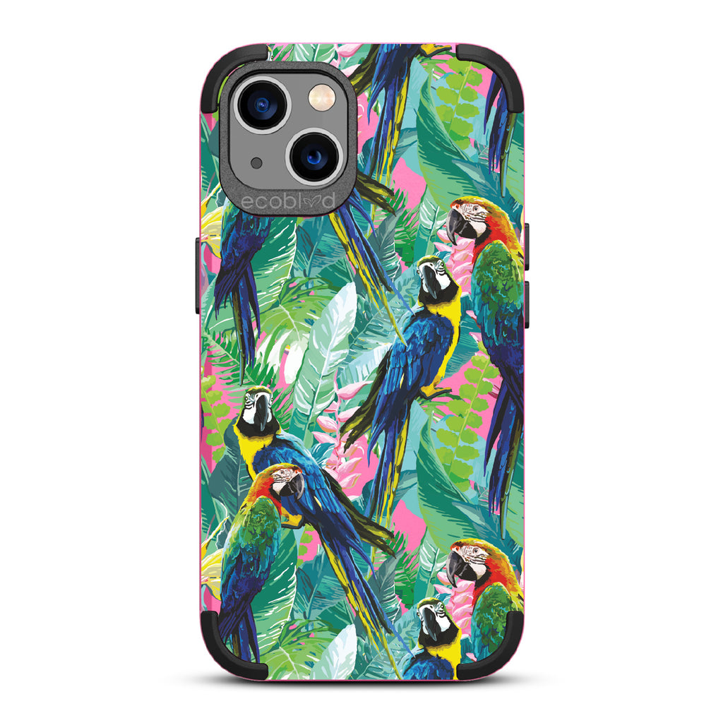 Macaw Medley - Pink Rugged Eco-Friendly iPhone 13 Case With Macaws & Tropical Leaves On Back