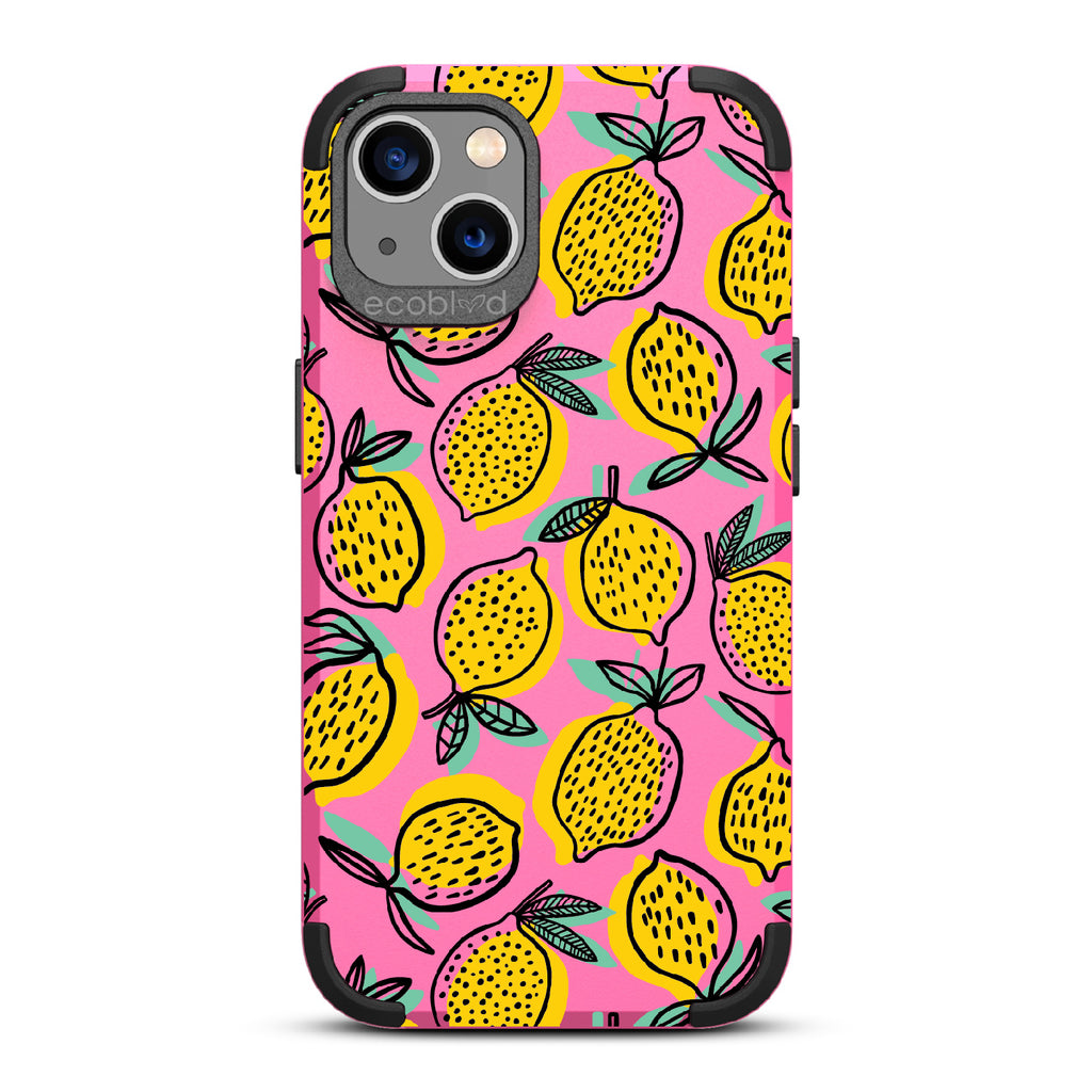 Lemon Drop - Pink Rugged Eco-Friendly iPhone 13 Case With Retro Lemon Print On Back 
