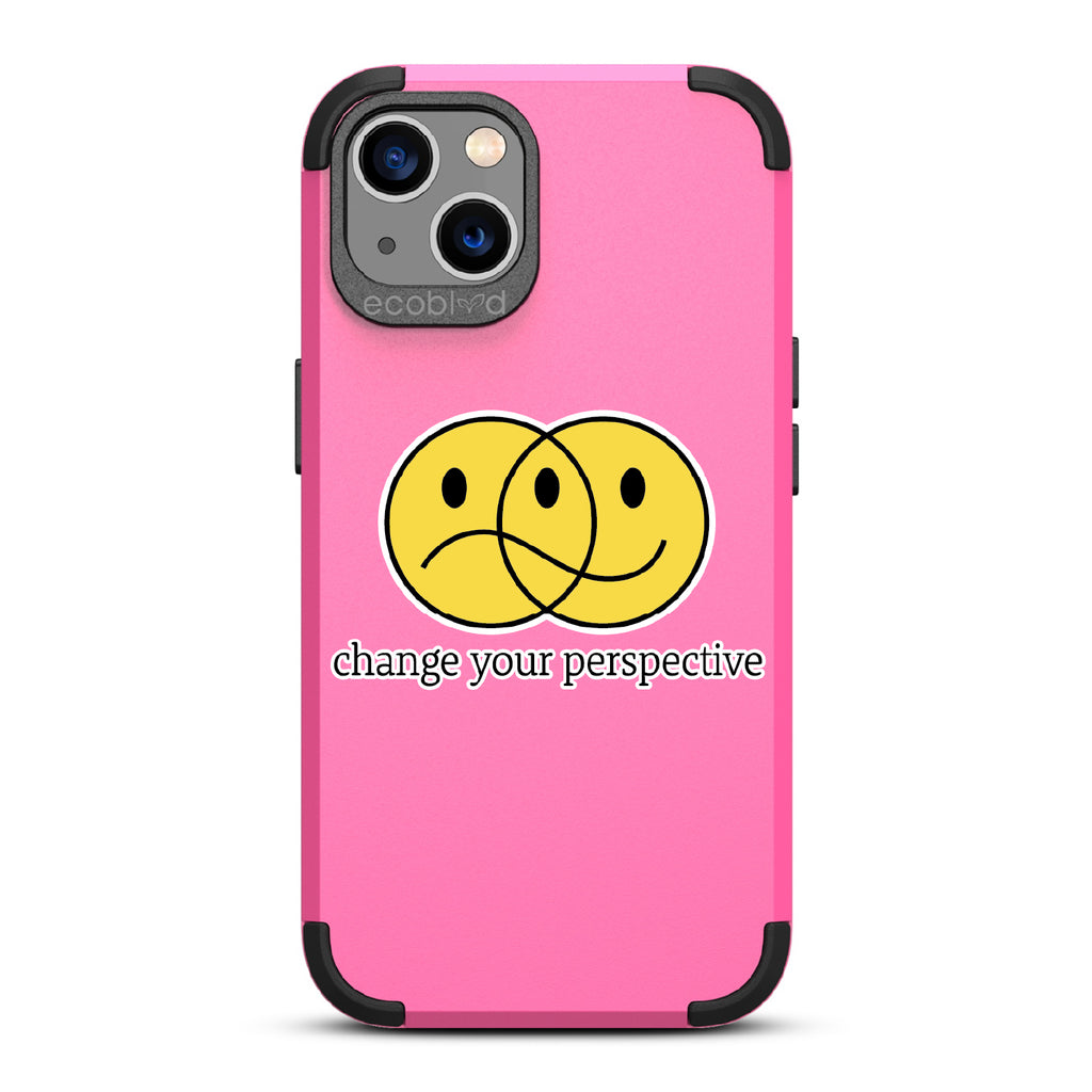 Perspective - Pink Rugged Eco-Friendly iPhone 13 Case With A Happy/Sad Face & Change Your Perspective On Back