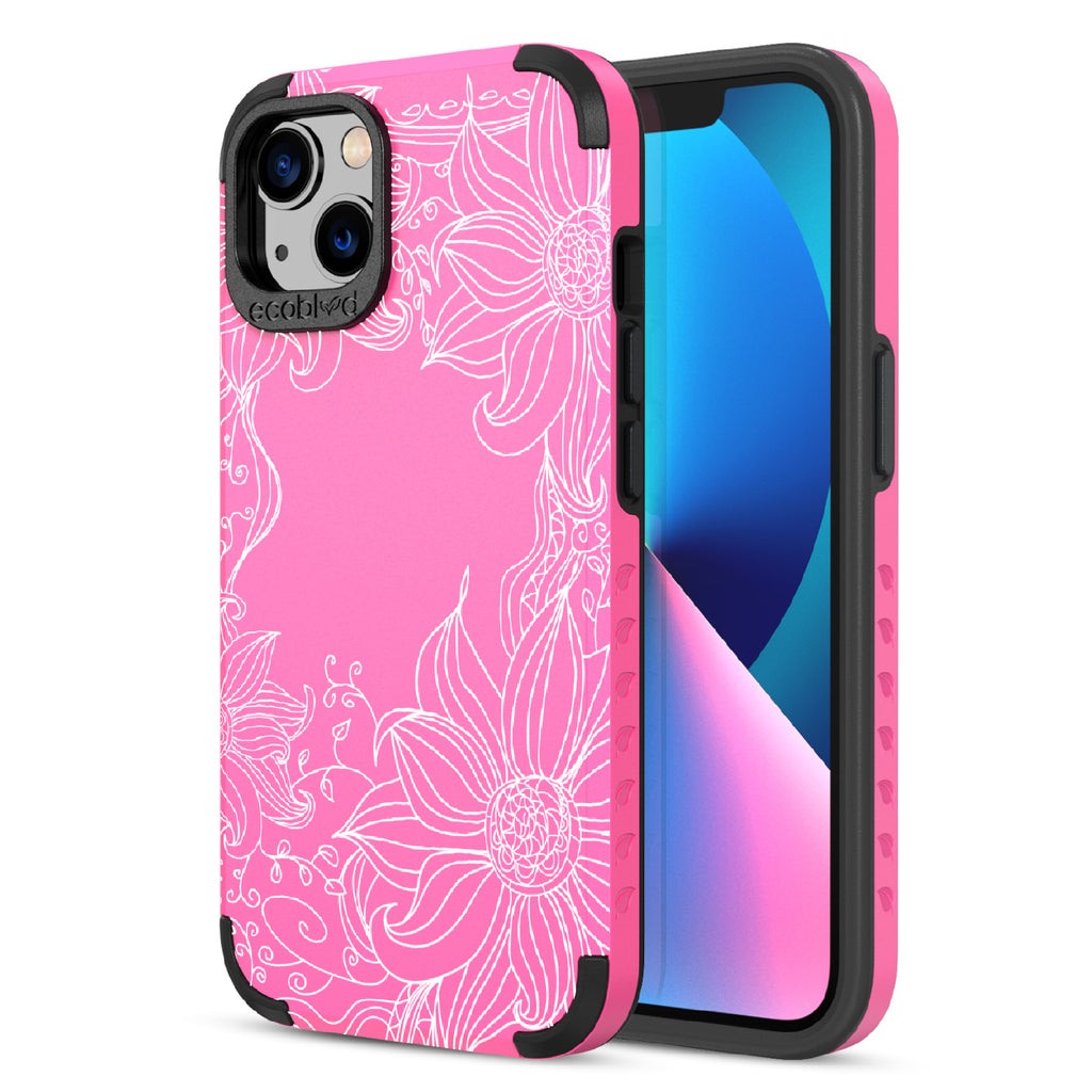 Flower Stencil - Back View Of Pink & Eco-Friendly Rugged iPhone 13 Case & A Front View Of The Screen