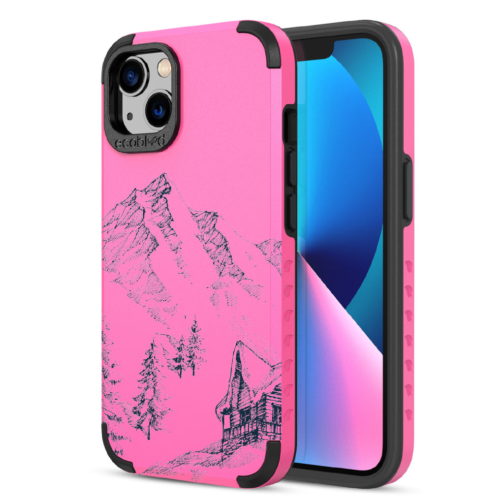 Cabin Retreat - Back Of Pink & Eco-Friendly Rugged iPhone 13 Case & A Front View Of The Screen